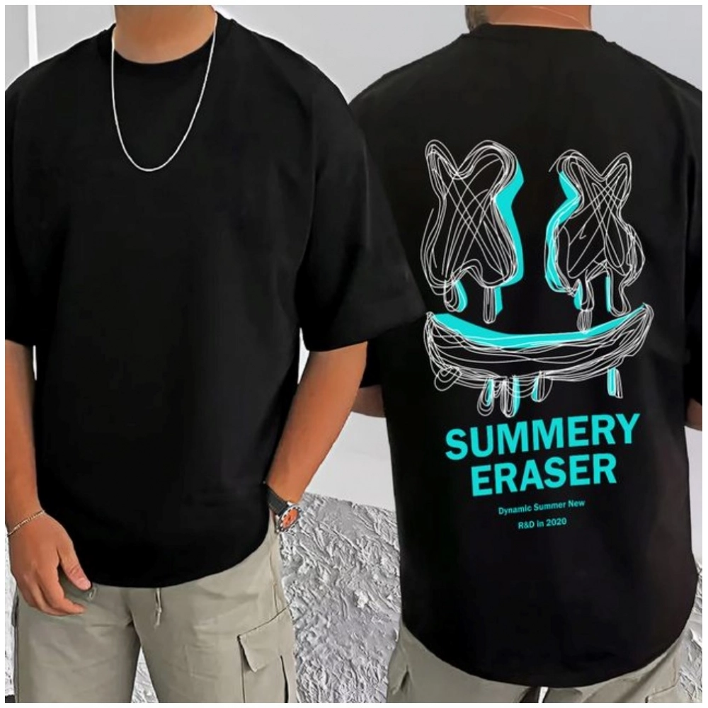 Generic Men's Casual Cotton Blend Printed Round Neck Half Sleeve T-Shirt (Black)