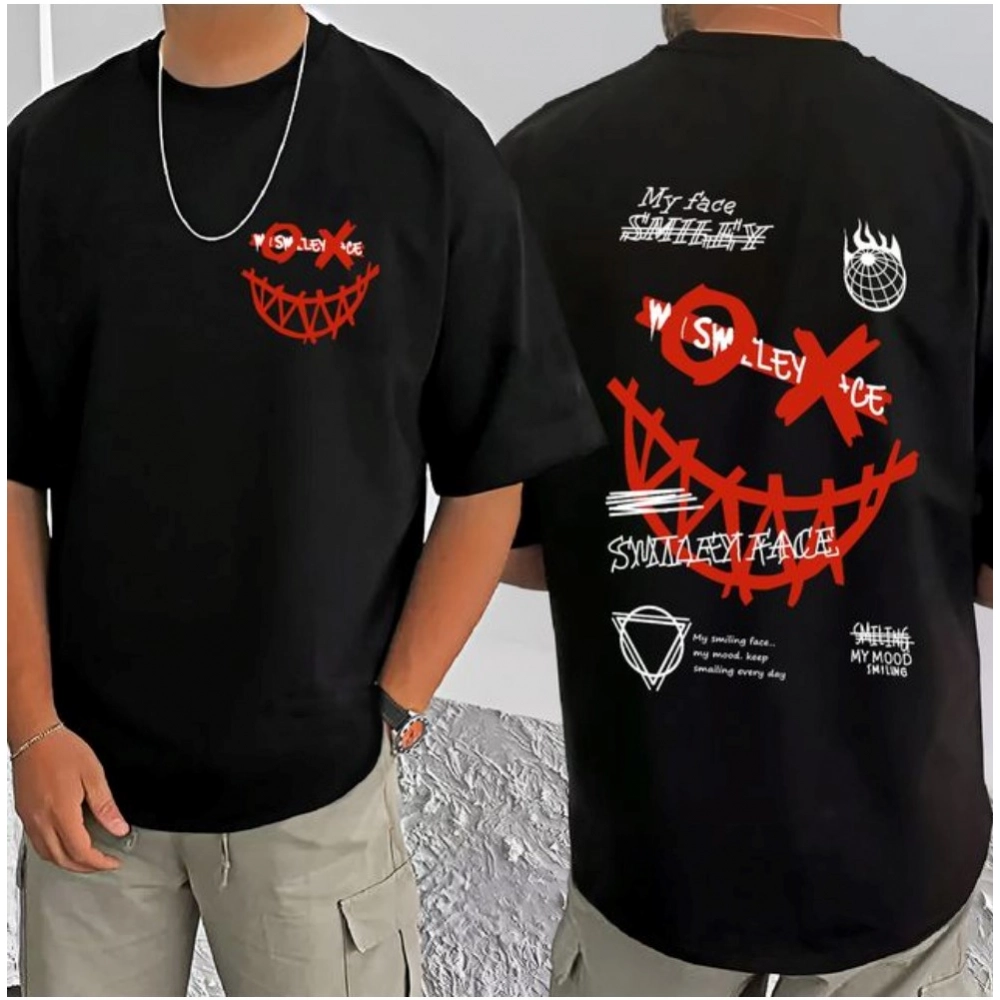 Generic Men's Casual Cotton Blend Printed Round Neck Half Sleeve T-Shirt (Black)