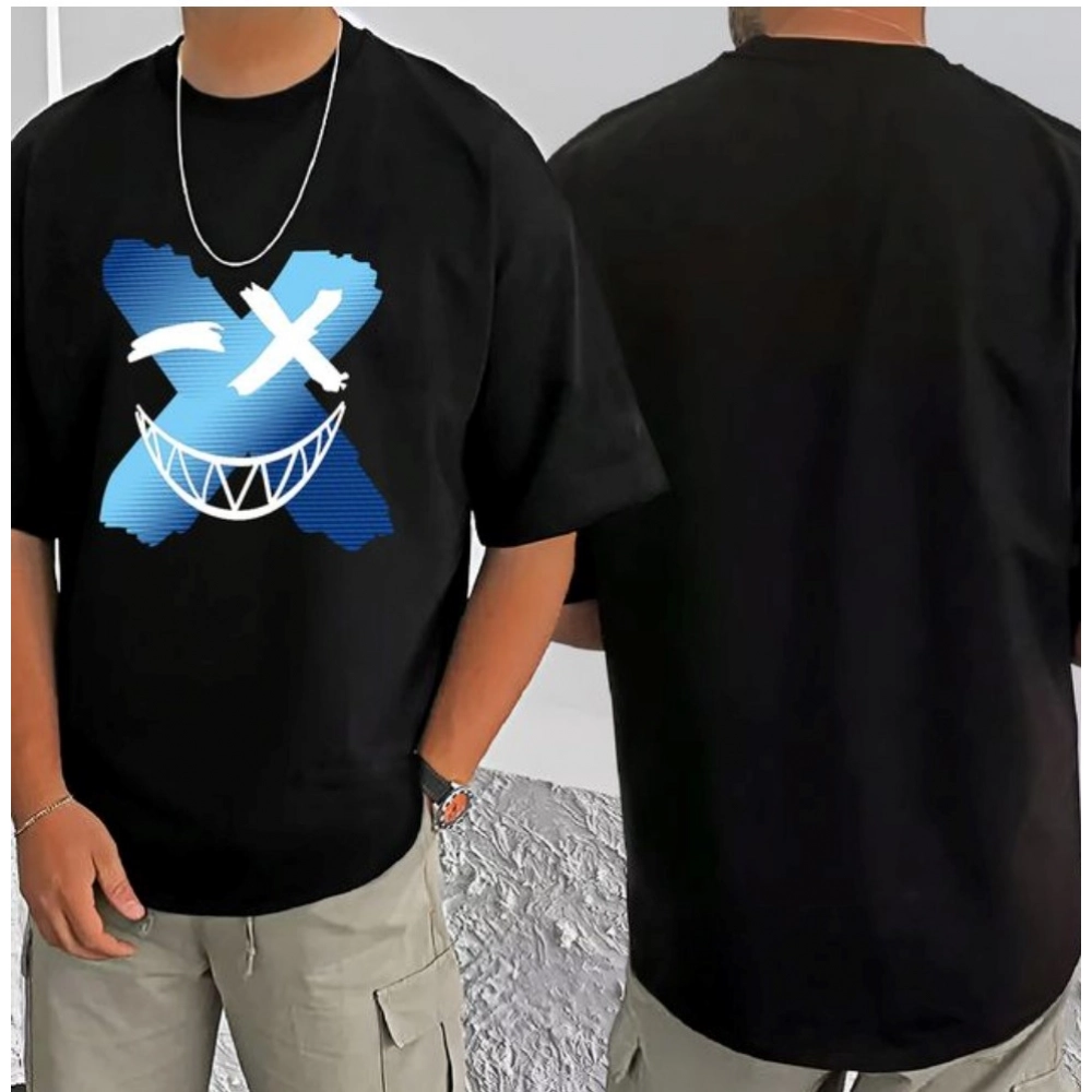 Generic Men's Casual Cotton Blend Printed Round Neck Half Sleeve T-Shirt (Black)