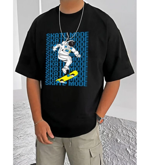 Generic Men's Casual Cotton Blend Printed Round Neck Half Sleeve T-Shirt (Black)