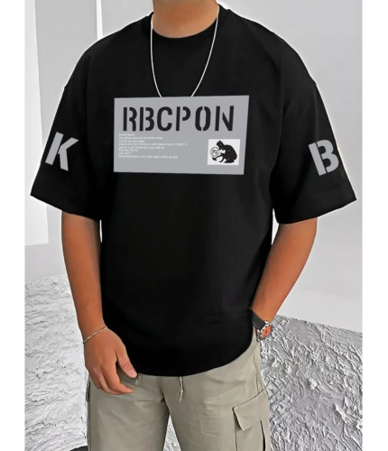 Generic Men's Casual Cotton Blend Printed Round Neck Half Sleeve T-Shirt (Black)