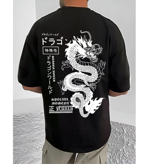 Generic Men's Casual Cotton Blend Printed Round Neck Half Sleeve T-Shirt (Black)