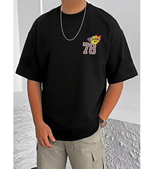 Generic Men's Casual Cotton Blend Printed Round Neck Half Sleeve T-Shirt (Black)