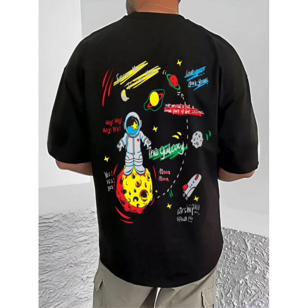 Generic Men's Casual Cotton Blend Printed Round Neck Half Sleeve T-Shirt (Black)