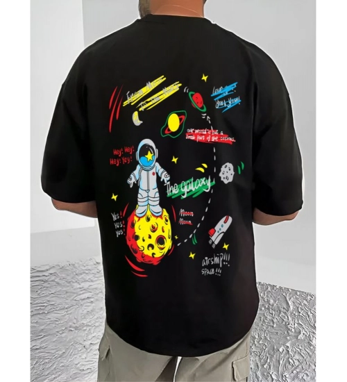 Generic Men's Casual Cotton Blend Printed Round Neck Half Sleeve T-Shirt (Black)