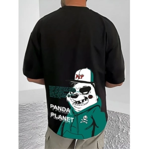 Generic Men's Casual Cotton Blend Printed Round Neck Half Sleeve T-Shirt (Black)