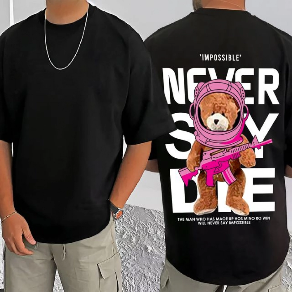 Generic Men's Casual Cotton Blend Printed Round Neck Half Sleeve T-Shirt (Black)