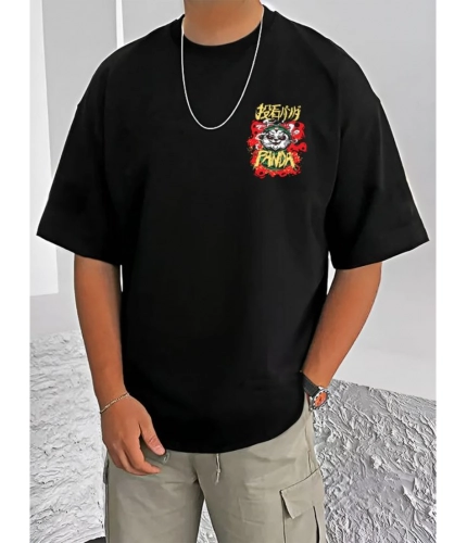 Generic Men's Casual Cotton Blend Printed Round Neck Half Sleeve T-Shirt (Black)