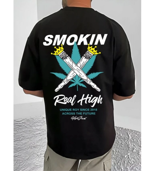 Generic Men's Casual Cotton Blend Printed Round Neck Half Sleeve T-Shirt (Black)