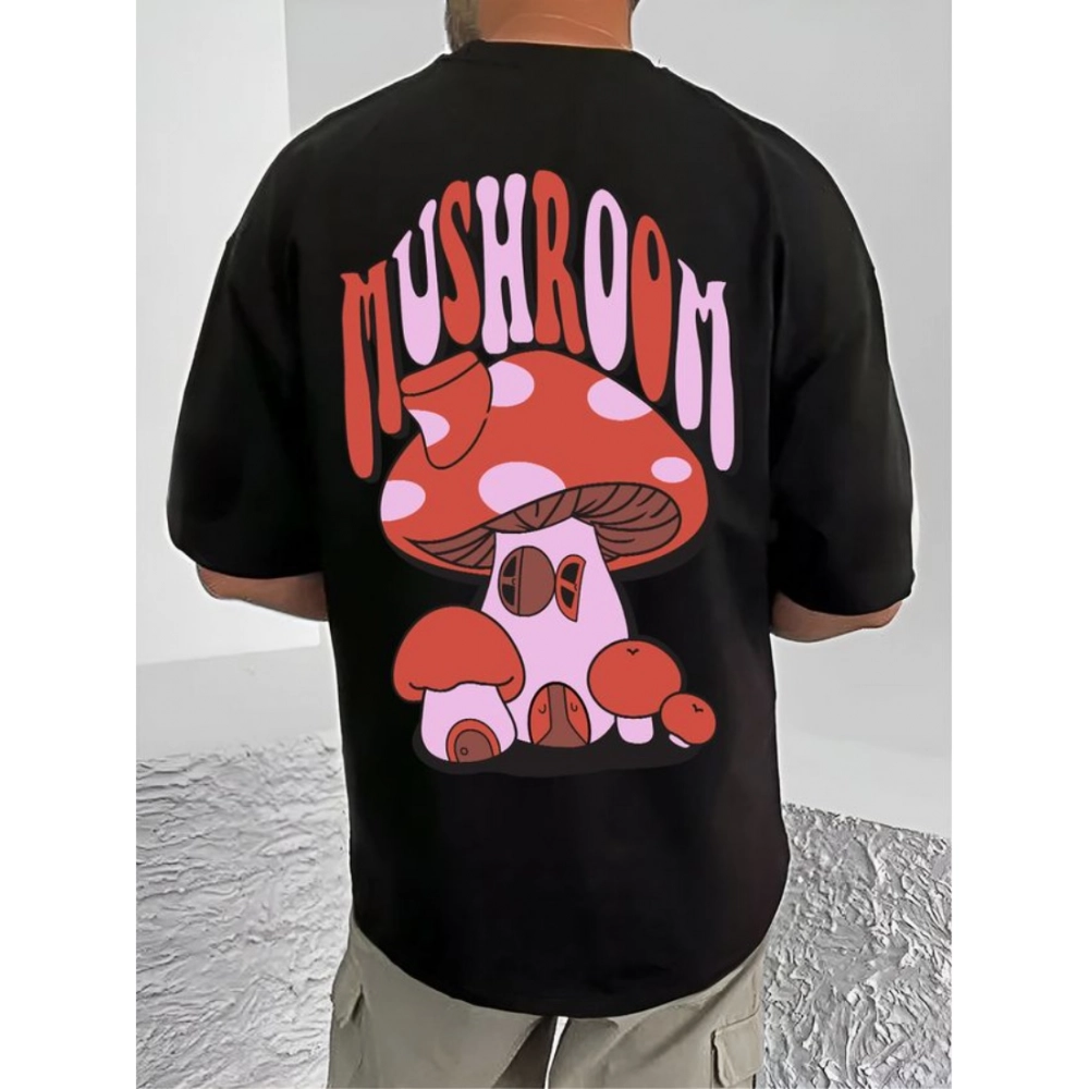 Generic Men's Casual Cotton Blend Printed Round Neck Half Sleeve T-Shirt (Black)