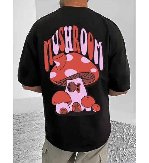 Generic Men's Casual Cotton Blend Printed Round Neck Half Sleeve T-Shirt (Black)