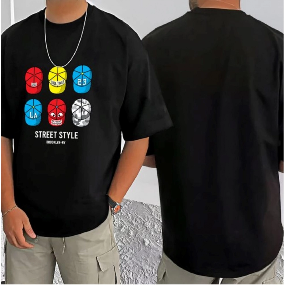 Generic Men's Casual Cotton Blend Printed Round Neck Half Sleeve T-Shirt (Black)