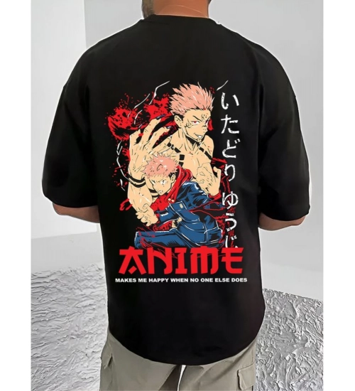 Generic Men's Casual Cotton Blend Printed Round Neck Half Sleeve T-Shirt (Black)