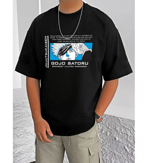 Generic Men's Casual Cotton Blend Printed Round Neck Half Sleeve T-Shirt (Black)