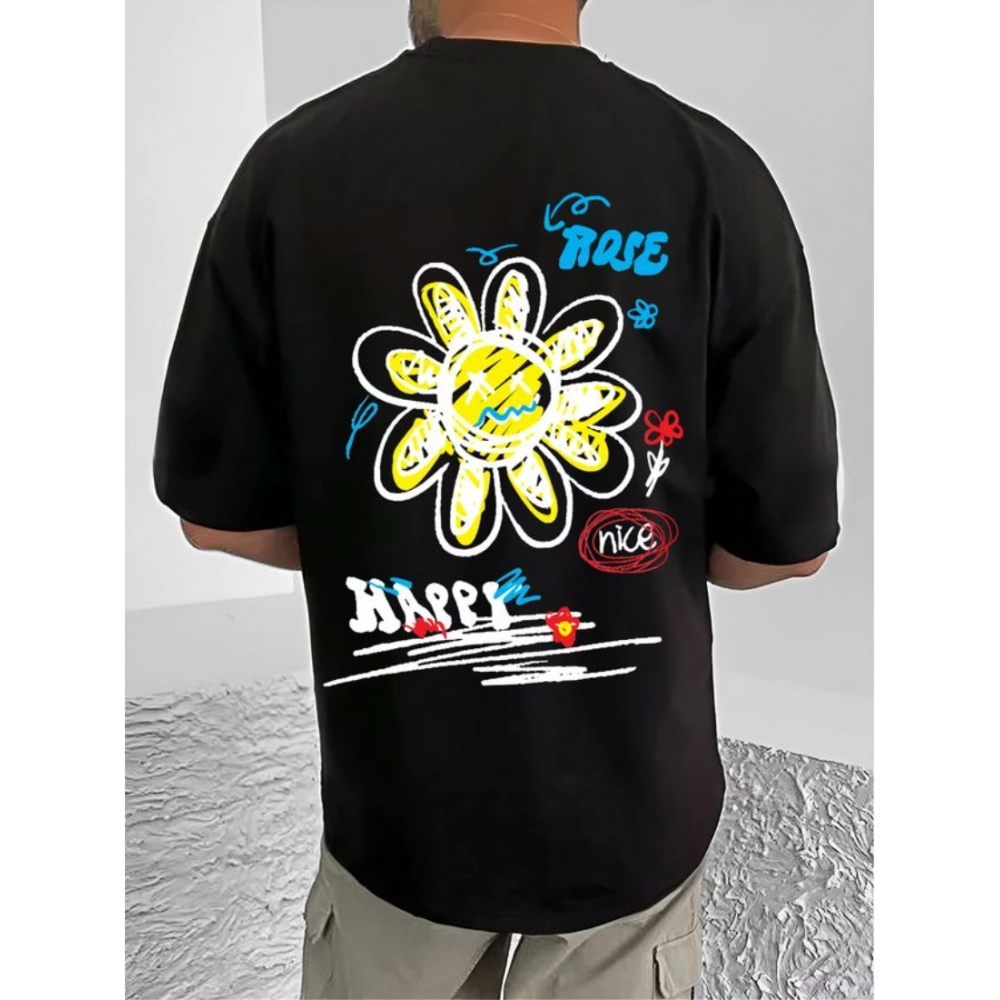 Generic Men's Casual Cotton Blend Printed Round Neck Half Sleeve T-Shirt (Black)