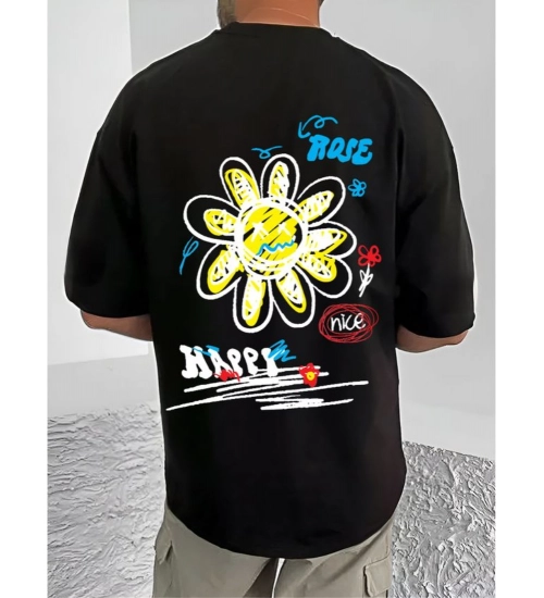 Generic Men's Casual Cotton Blend Printed Round Neck Half Sleeve T-Shirt (Black)