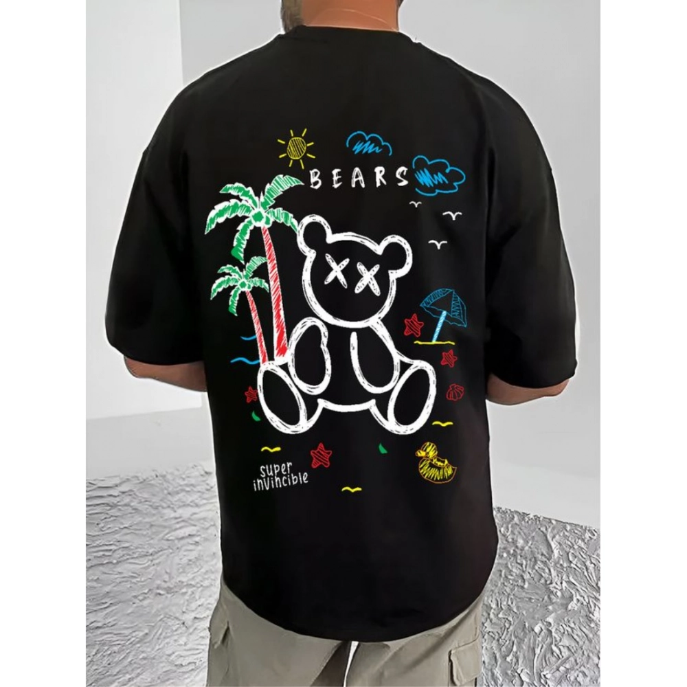 Generic Men's Casual Cotton Blend Printed Round Neck Half Sleeve T-Shirt (Black)