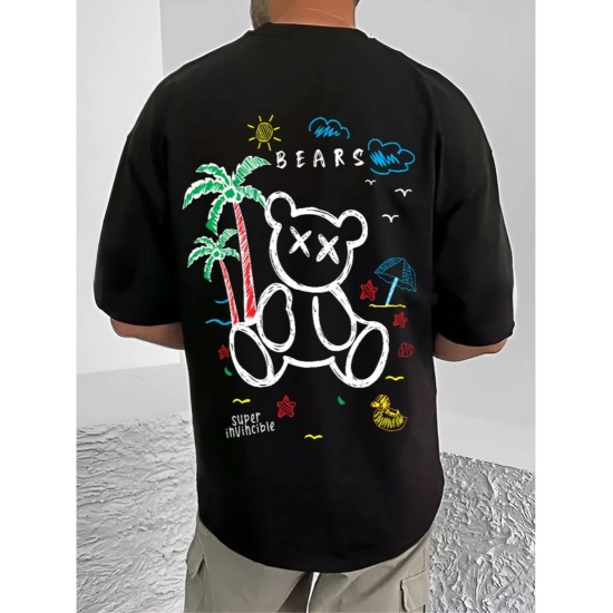 Generic Men's Casual Cotton Blend Printed Round Neck Half Sleeve T-Shirt (Black)