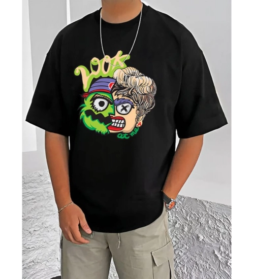 Generic Men's Casual Cotton Blend Printed Round Neck Half Sleeve T-Shirt (Black)