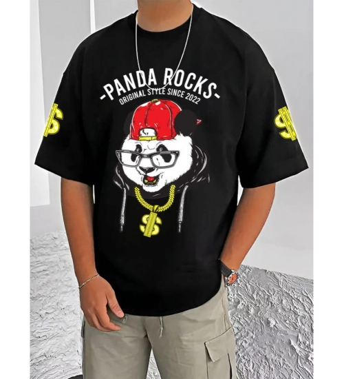 Generic Men's Casual Cotton Blend Printed Round Neck Half Sleeve T-Shirt (Black)