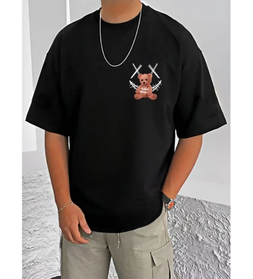 Generic Men's Casual Cotton Blend Printed Round Neck Half Sleeve T-Shirt (Black)