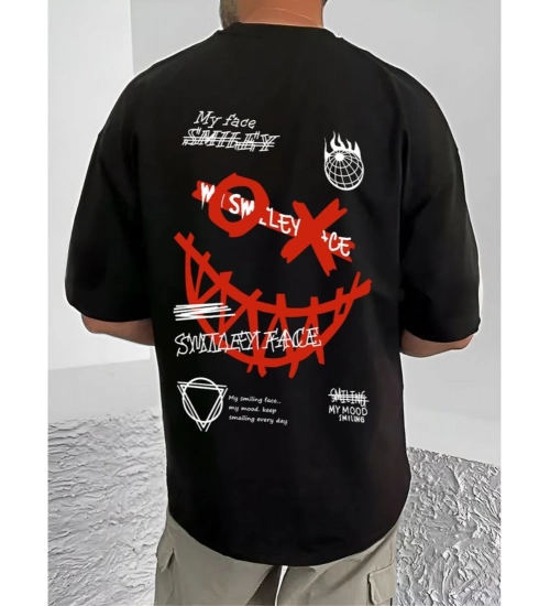 Generic Men's Casual Cotton Blend Printed Round Neck Half Sleeve T-Shirt (Black)