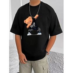 Generic Men's Casual Cotton Blend Printed Round Neck Half Sleeve T-Shirt (Black)