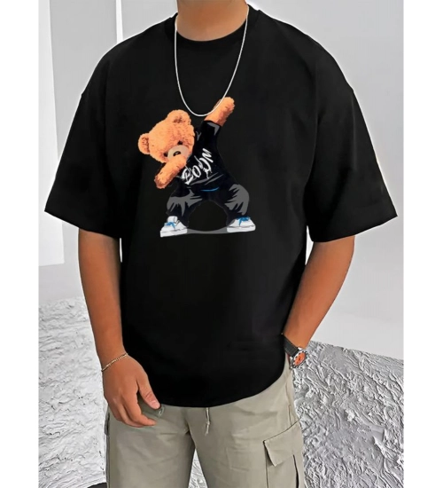 Generic Men's Casual Cotton Blend Printed Round Neck Half Sleeve T-Shirt (Black)