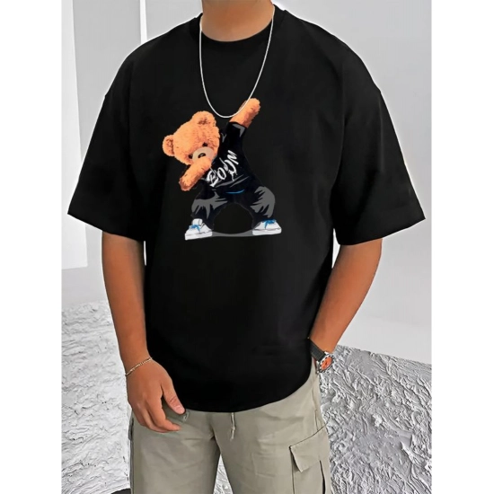 Generic Men's Casual Cotton Blend Printed Round Neck Half Sleeve T-Shirt (Black)