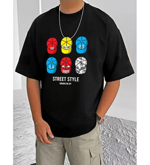 Generic Men's Casual Cotton Blend Printed Round Neck Half Sleeve T-Shirt (Black)