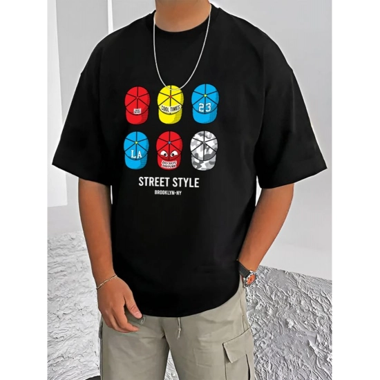 Generic Men's Casual Cotton Blend Printed Round Neck Half Sleeve T-Shirt (Black)