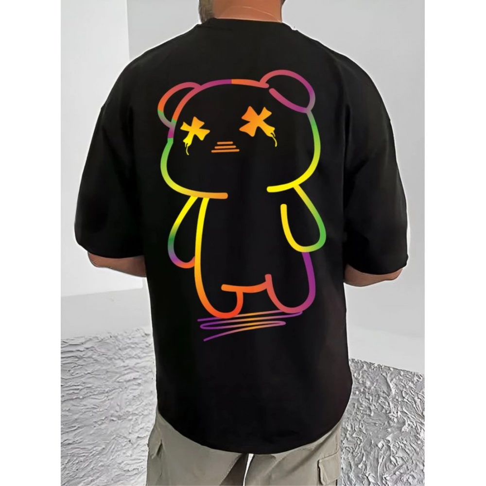 Generic Men's Casual Cotton Blend Printed Round Neck Half Sleeve T-Shirt (Black)