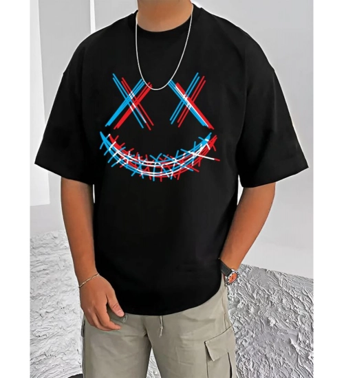 Generic Men's Casual Cotton Blend Printed Round Neck Half Sleeve T-Shirt (Black)