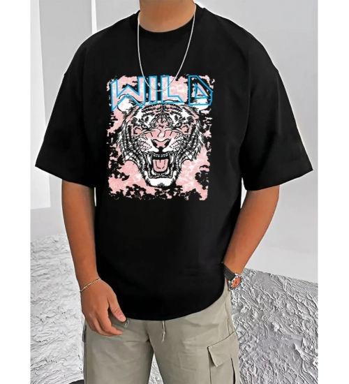 Generic Men's Casual Cotton Blend Printed Round Neck Half Sleeve T-Shirt (Black)