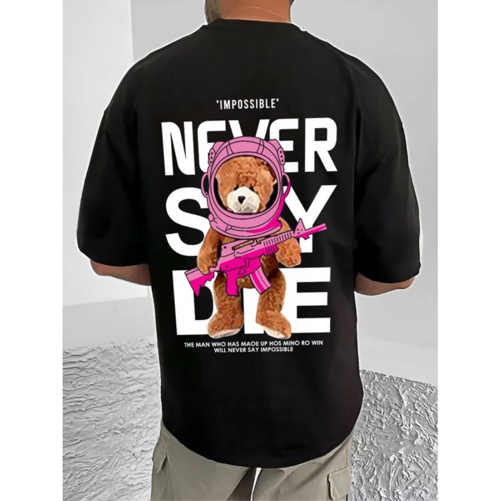 Generic Men's Casual Cotton Blend Printed Round Neck Half Sleeve T-Shirt (Black)