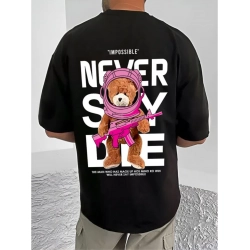 Generic Men's Casual Cotton Blend Printed Round Neck Half Sleeve T-Shirt (Black)