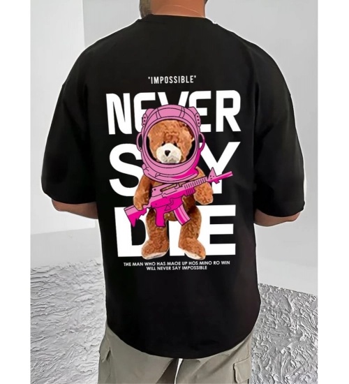 Generic Men's Casual Cotton Blend Printed Round Neck Half Sleeve T-Shirt (Black)