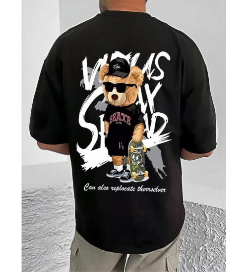 Generic Men's Casual Cotton Blend Printed Round Neck Half Sleeve T-Shirt (Black)