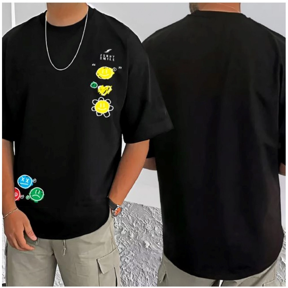 Generic Men's Casual Cotton Blend Printed Round Neck Half Sleeve T-Shirt (Black)