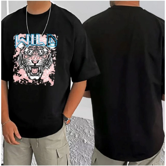 Generic Men's Casual Cotton Blend Printed Round Neck Half Sleeve T-Shirt (Black)