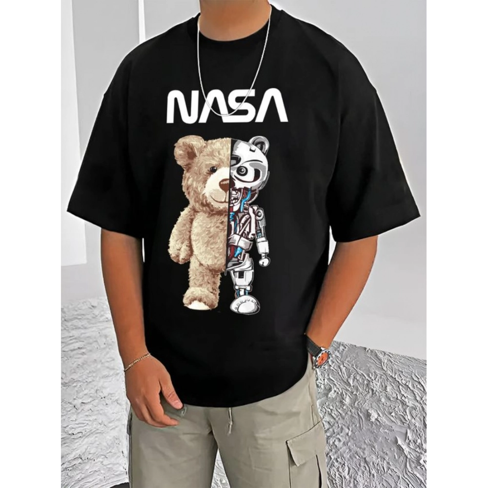 Generic Men's Casual Cotton Blend Printed Round Neck Half Sleeve T-Shirt (Black)