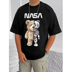 Generic Men's Casual Cotton Blend Printed Round Neck Half Sleeve T-Shirt (Black)