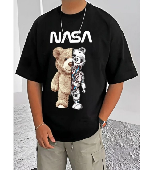 Generic Men's Casual Cotton Blend Printed Round Neck Half Sleeve T-Shirt (Black)