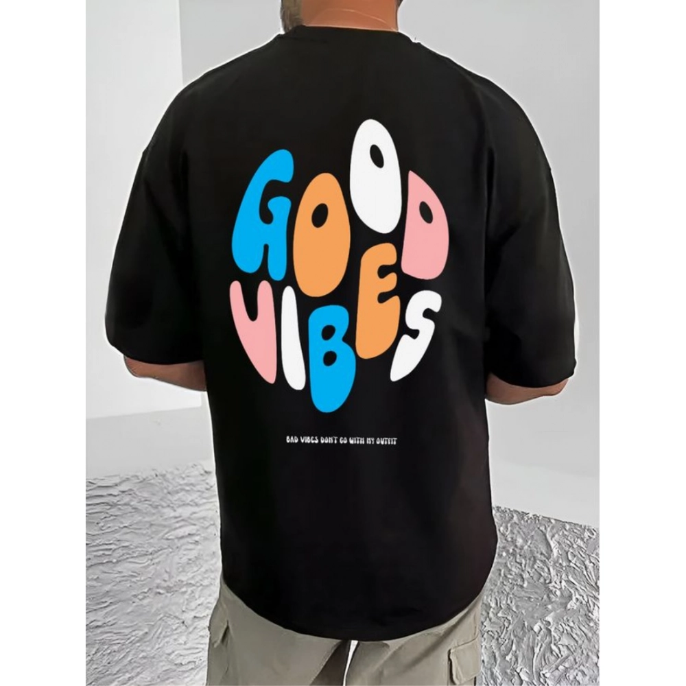 Generic Men's Casual Cotton Blend Printed Round Neck Half Sleeve T-Shirt (Black)