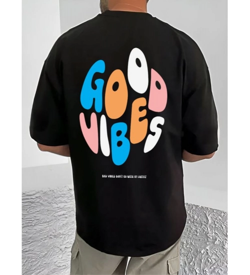 Generic Men's Casual Cotton Blend Printed Round Neck Half Sleeve T-Shirt (Black)