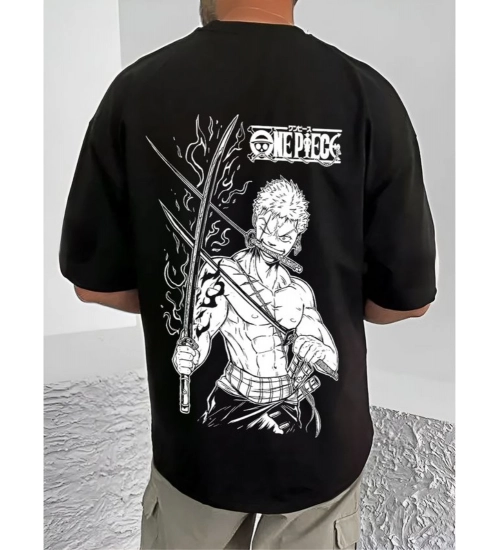 Generic Men's Casual Cotton Blend Printed Round Neck Half Sleeve T-Shirt (Black)