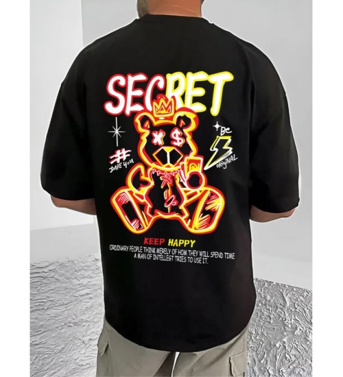 Generic Men's Casual Cotton Blend Printed Round Neck Half Sleeve T-Shirt (Black)