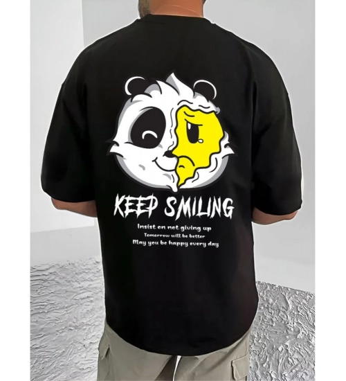 Generic Men's Casual Cotton Blend Printed Round Neck Half Sleeve T-Shirt (Black)