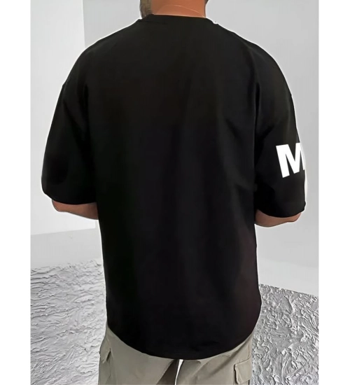 Generic Men's Casual Cotton Blend Printed Round Neck Half Sleeve T-Shirt (Black)