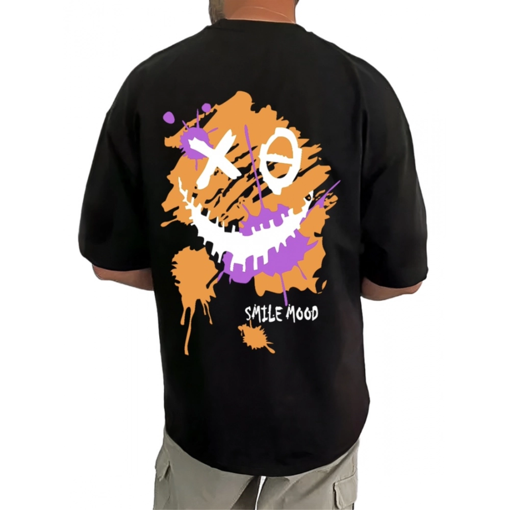 Generic Men's Casual Cotton Blend Printed Round Neck Half Sleeve T-Shirt (Black)